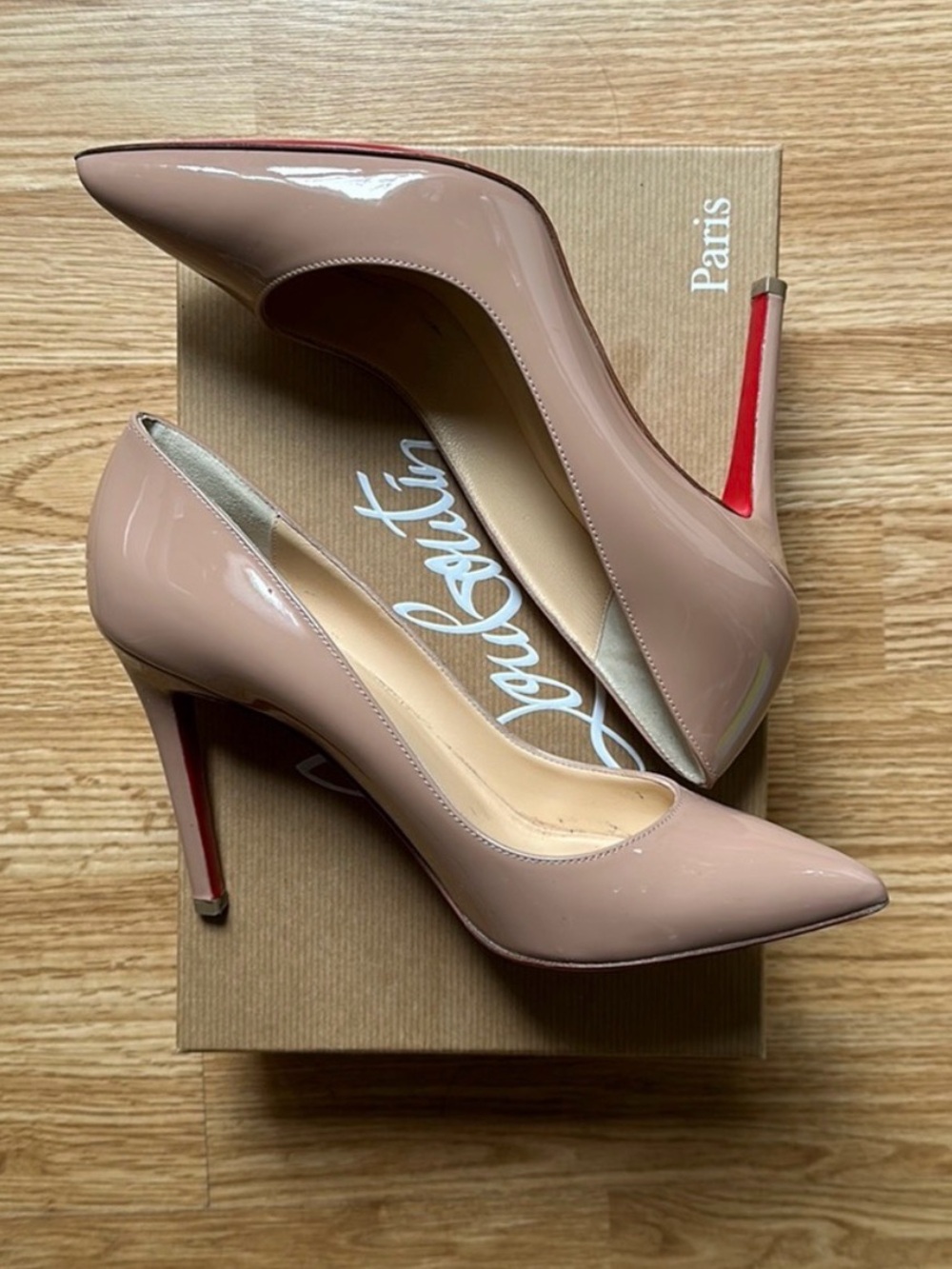 Christian Louboutin Beige Patent Leather Pointed-Toe Pumps with Red Soles